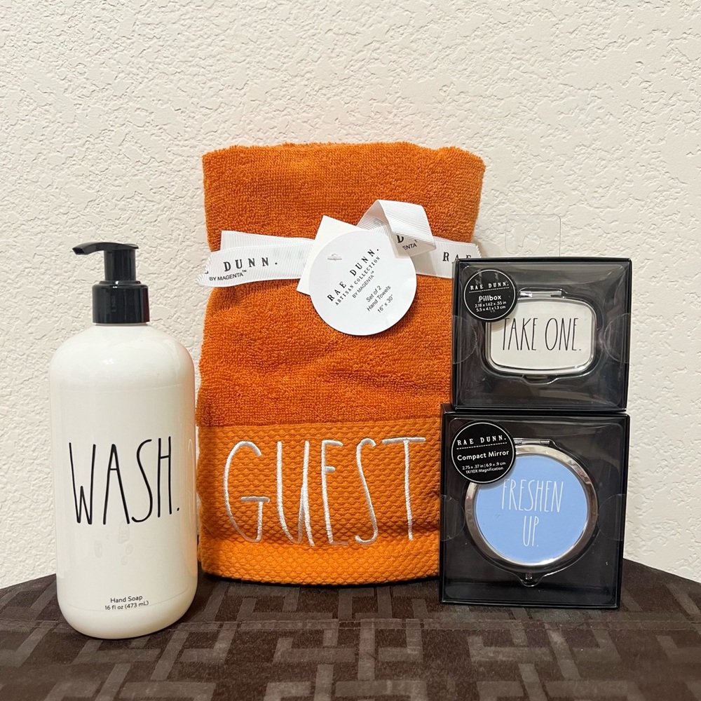 Rae Dunn set TAKE ONE pill box & mirror & hand soap & GUEST hand towels